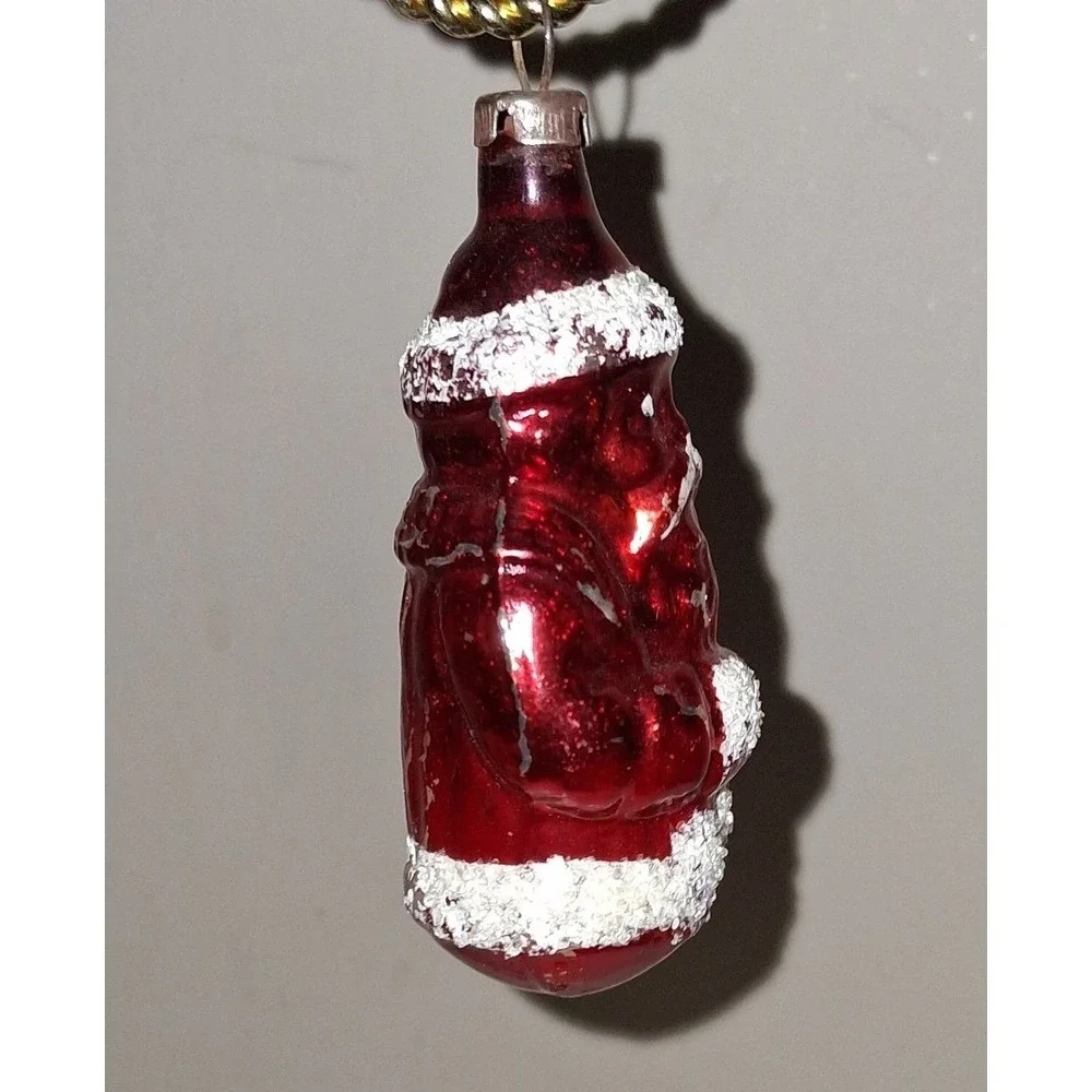 Vintage Red Glass Santa Claus Christmas Ornament Mercury Glass Snow Flocked 2.75